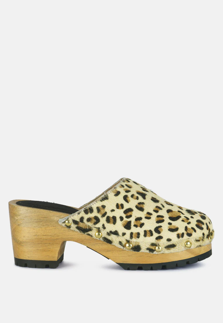 ACER Fine Suede Printed Leopard Clogs Slides in Beige - Image 2