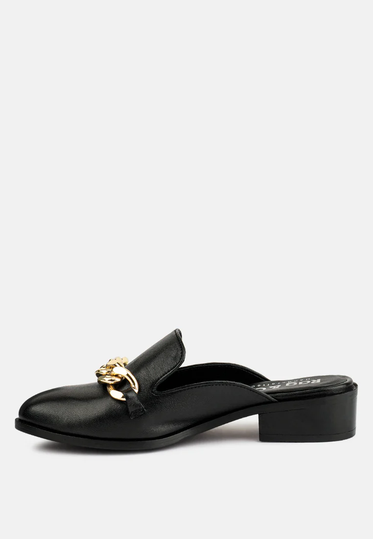 AKSA Chain Embellished Black Leather Mules - Image 3