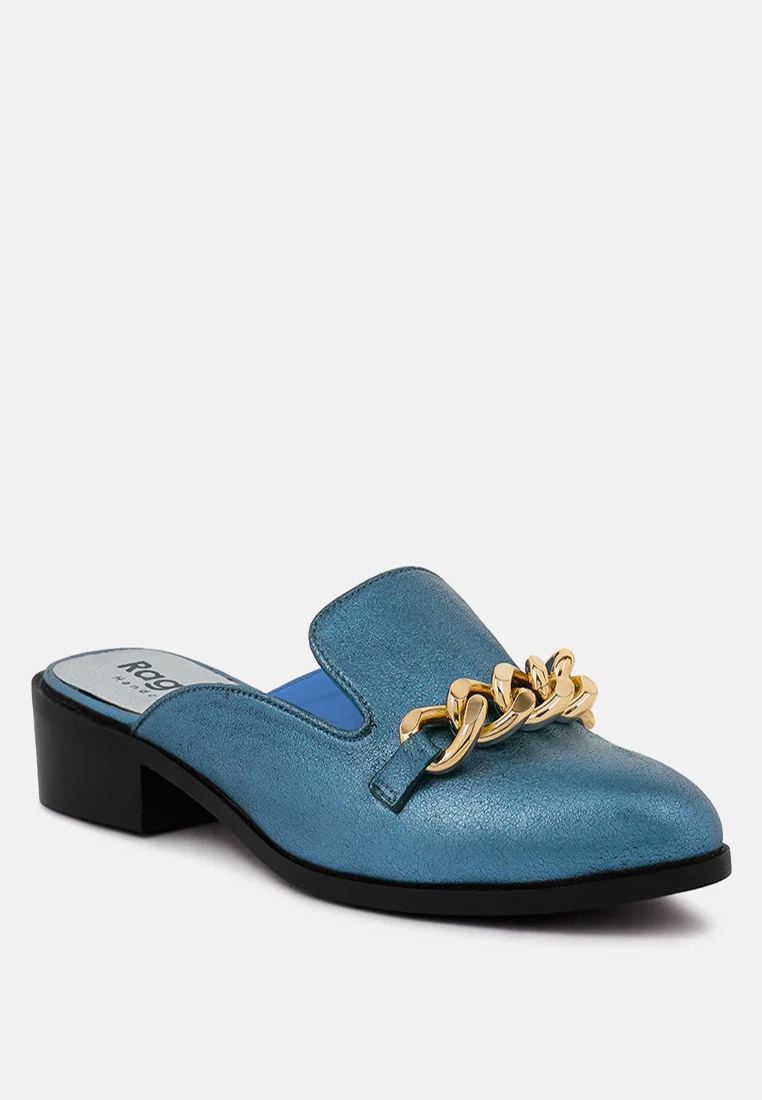 AKSA Chain Embellished Metallic Blue Leather Mules - Image 2