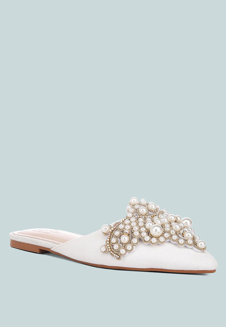 ASTRE Pearl Embellished Shimmer Mules In White - Image 2