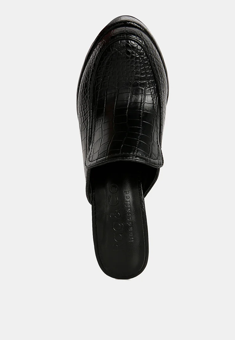 BAUHAUS Black Croc Pattern Heeled Platform Mules - Image 6