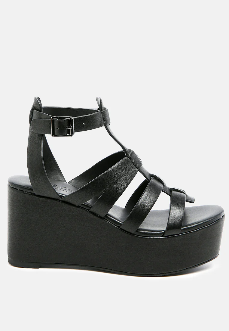 WINDRUSH Cage Wedge Leather Sandal in Black - Image 2