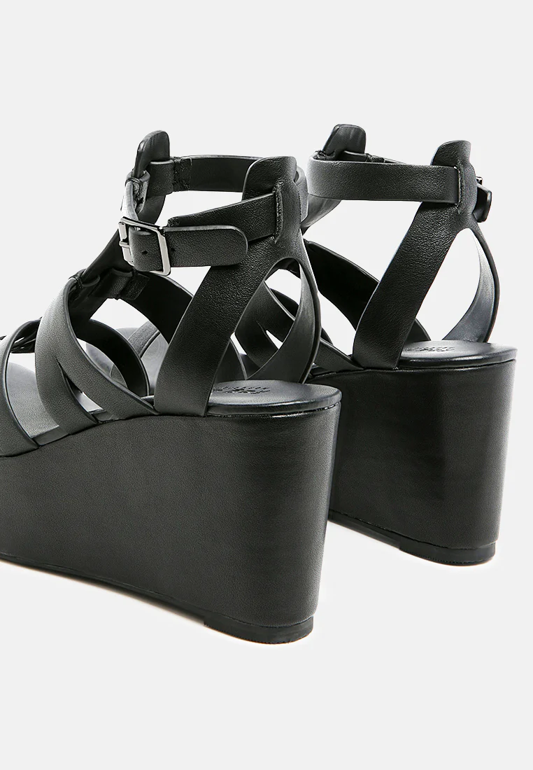 WINDRUSH Cage Wedge Leather Sandal in Black - Image 3