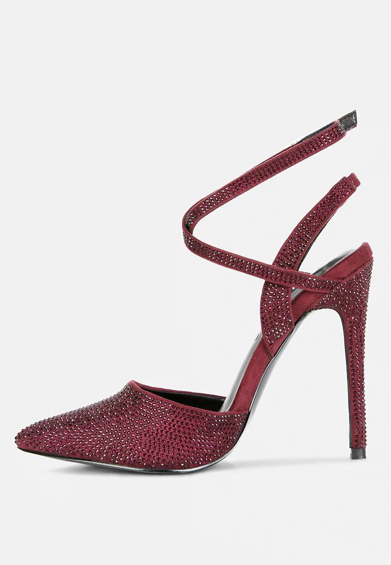 CHARMER Rhinestone Embellished Stiletto Sandals in Burgundy - Image 4