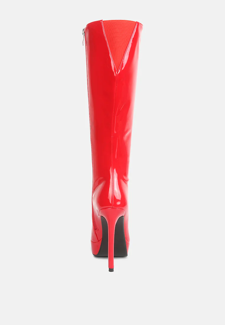 CHATTON Red Patent Stiletto High Heeled Calf Boots - Image 6