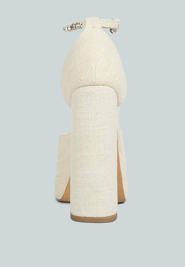 COSETTE Diamante Embellished Ankle Strap High Block Heel Sandals in Off White - Image 5