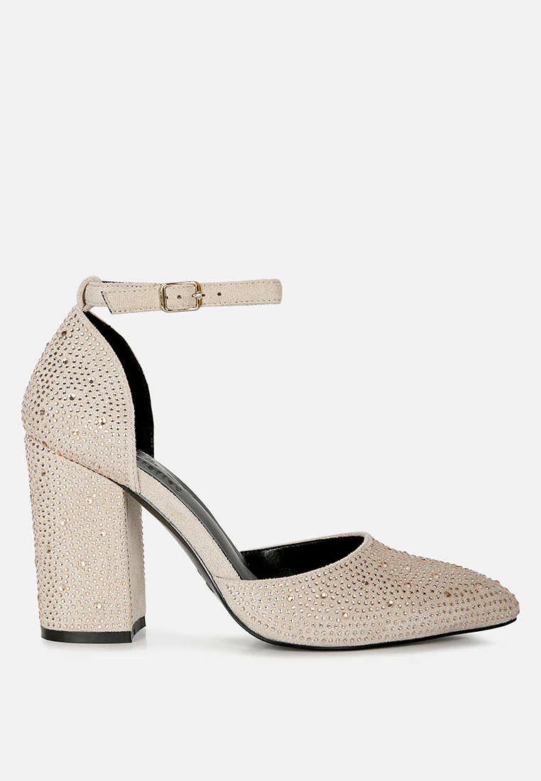 CULVER Rhinestone Embellished Block Heel Sandals in Beige - Image 2
