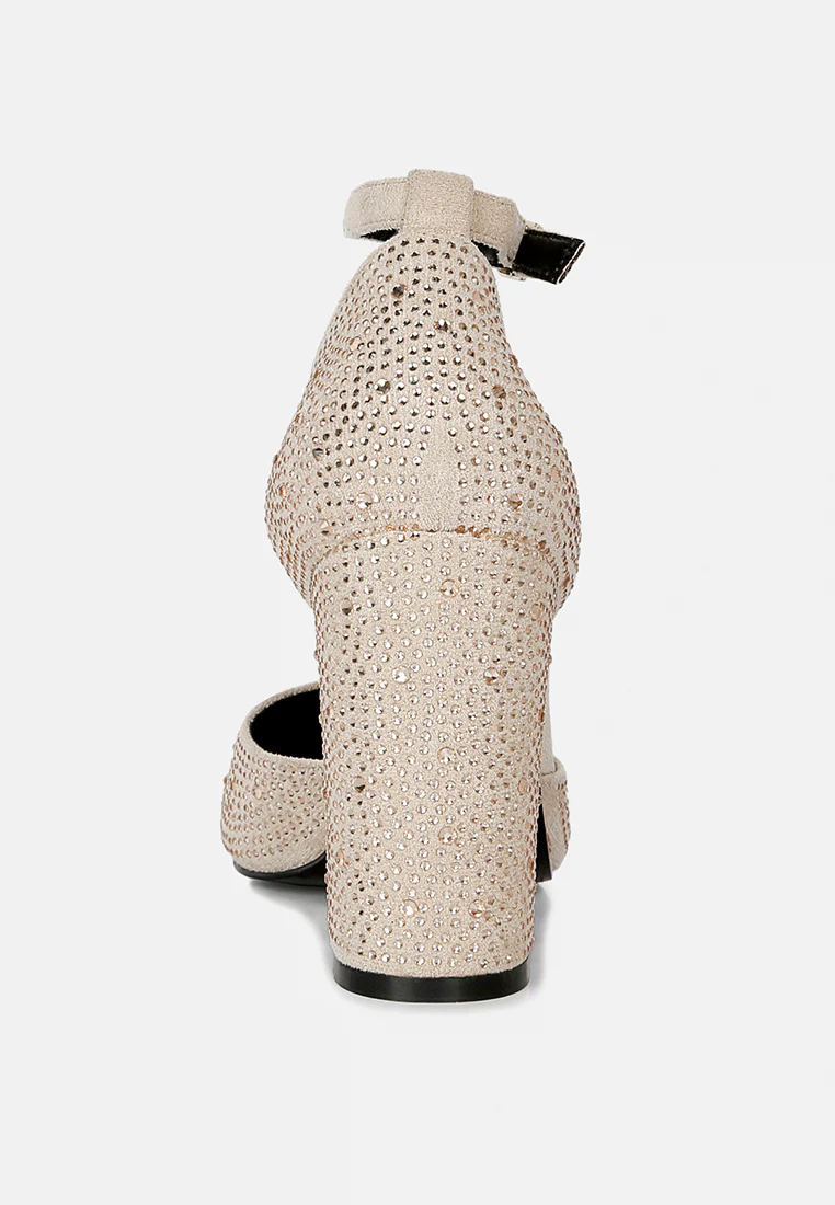 CULVER Rhinestone Embellished Block Heel Sandals in Beige - Image 5