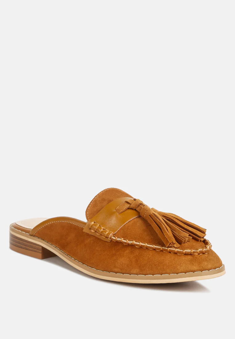 EDMANDA Tassle Detail Leather Mules in Light Tan - Image 2