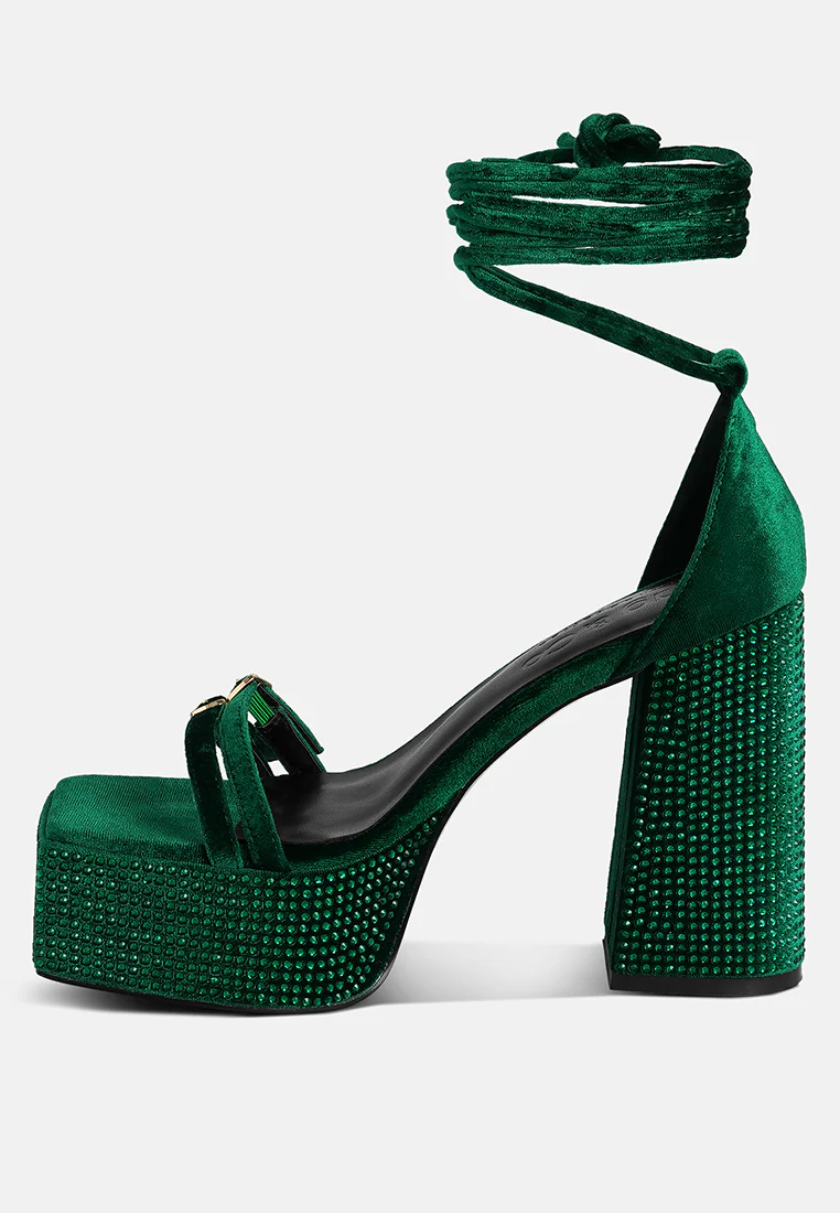 FIRECROWN Green Rhinestone Platform High Block Sandals - Image 4
