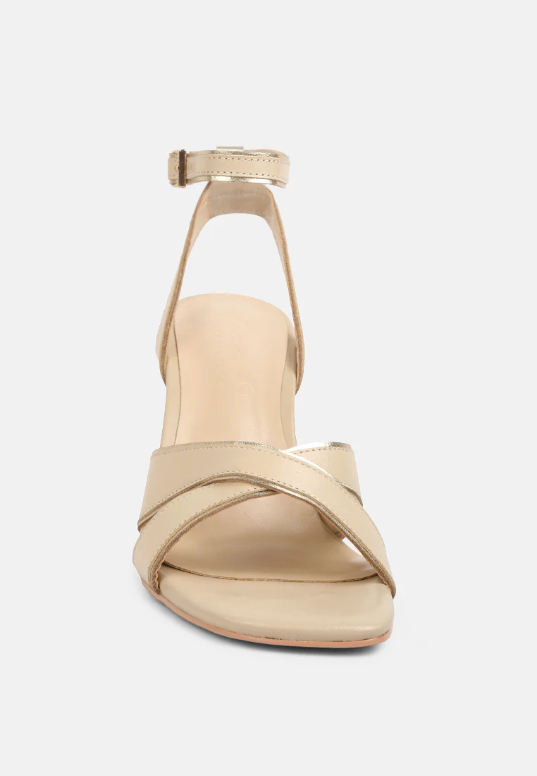 Heeri Beige Metallic Lined Slim Block Heel Sandals - Image 3