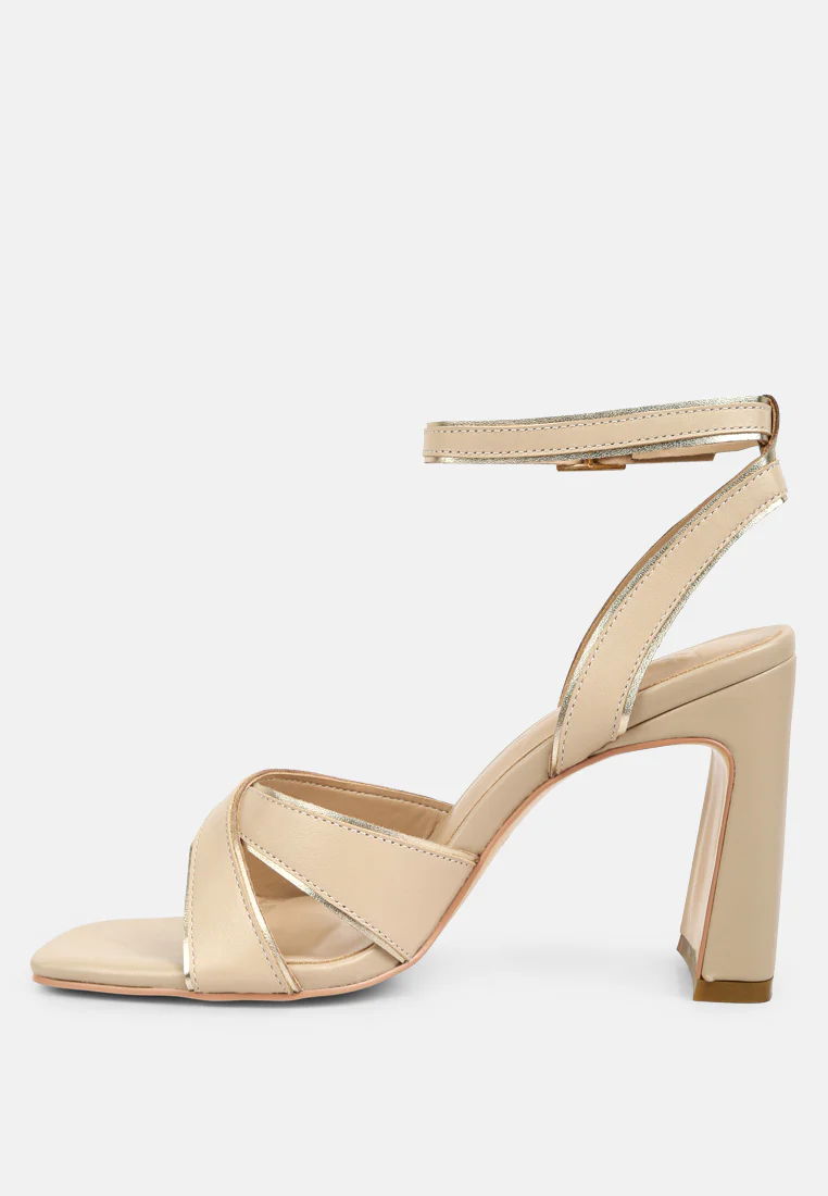 Heeri Beige Metallic Lined Slim Block Heel Sandals - Image 4