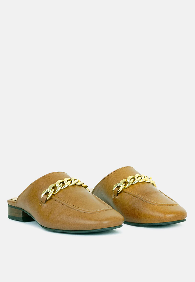 Honey Leather Chain Detail Mules in Tan - Image 2