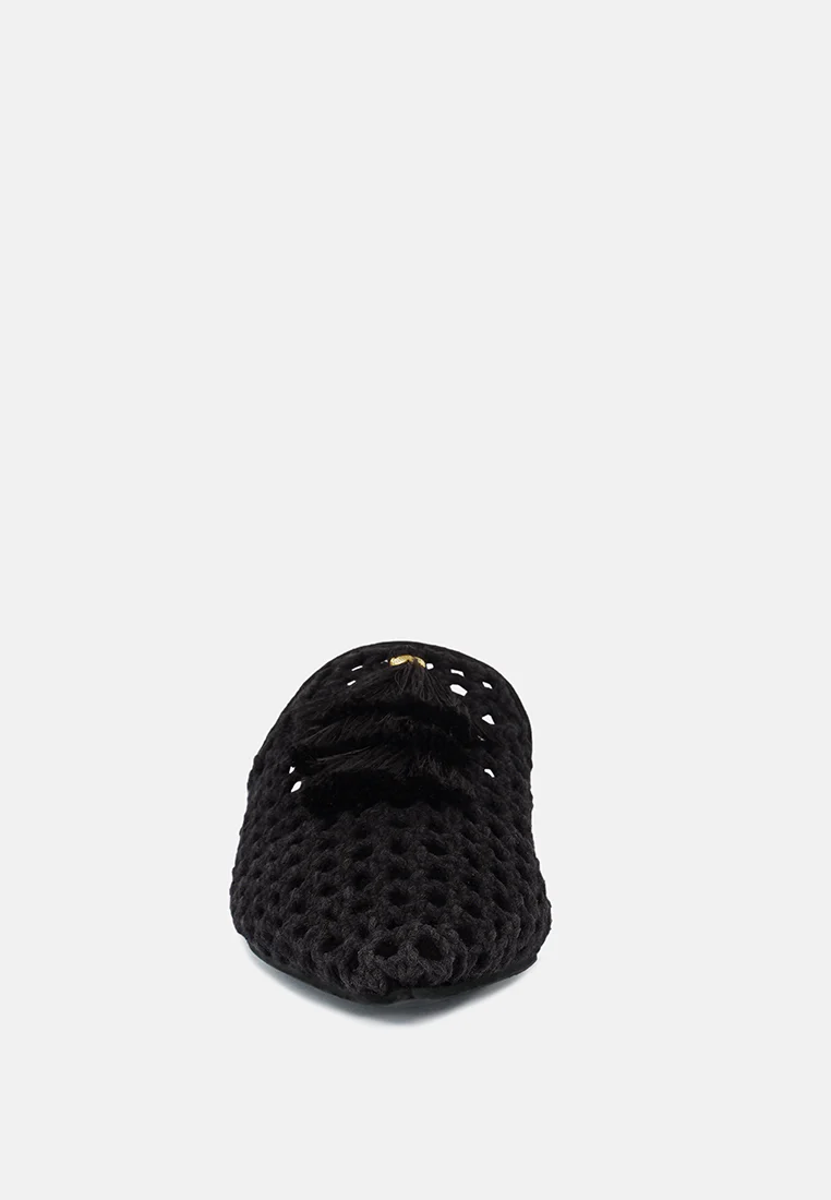 MIRIAM Black Woven Metallic Tassel Flat Mules - Image 3