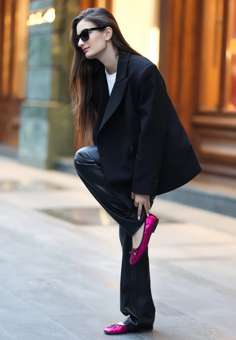 Primrose Metallic Pleather Bow Ballerinas - Image 8