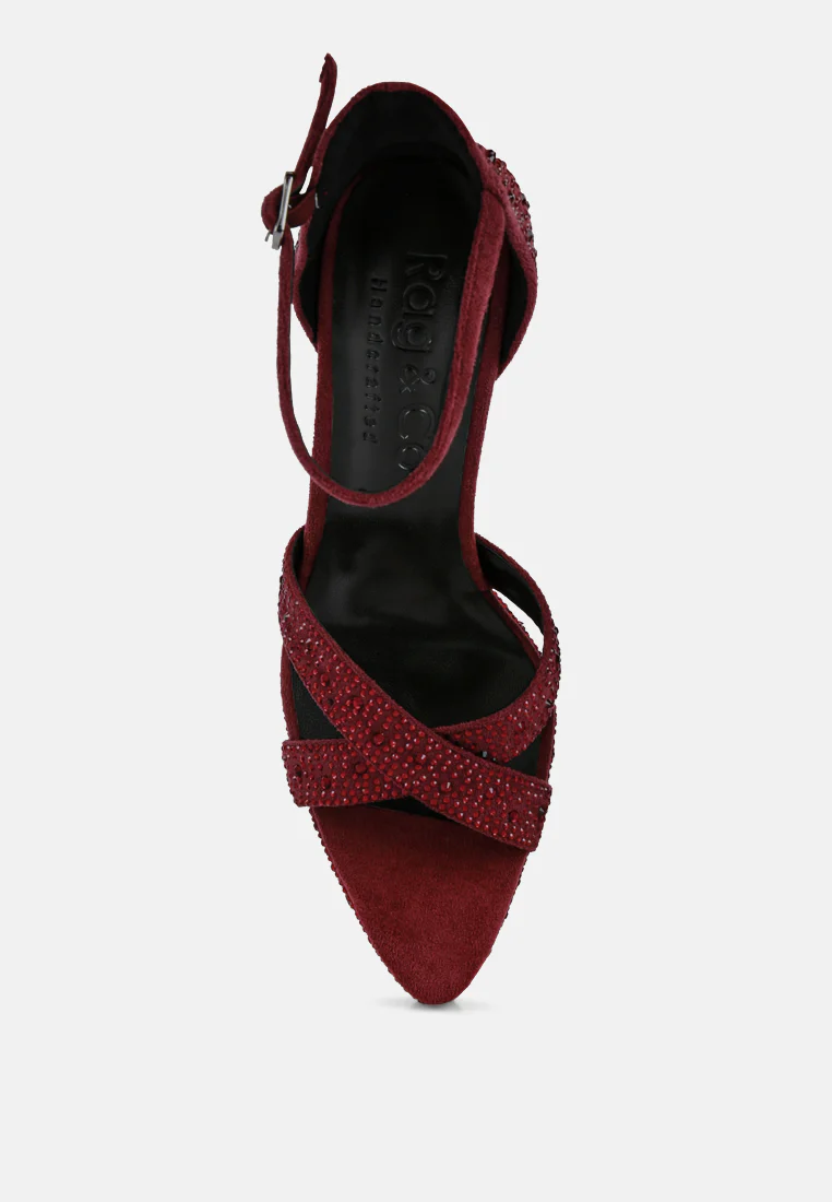 REGALIA Burgundy Rhinestone Embellished Stiletto Sandals - Image 6
