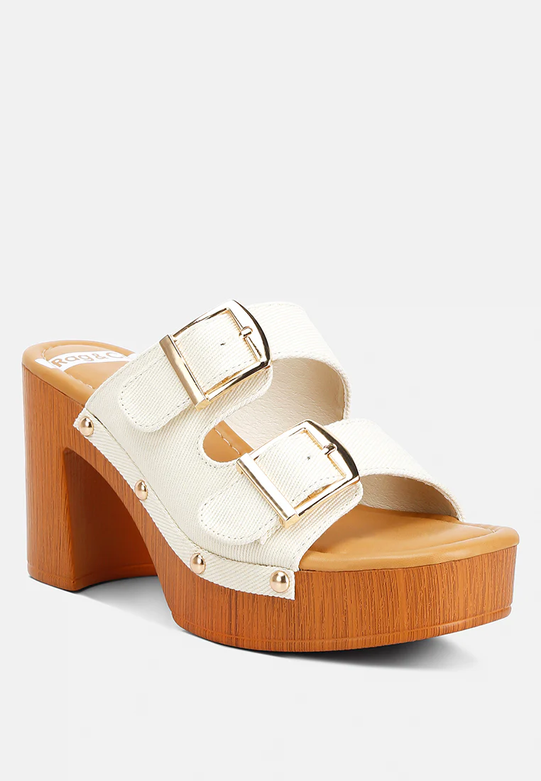 Sarai Buckle Straps High Block Heel Clogs In Beige - Image 2
