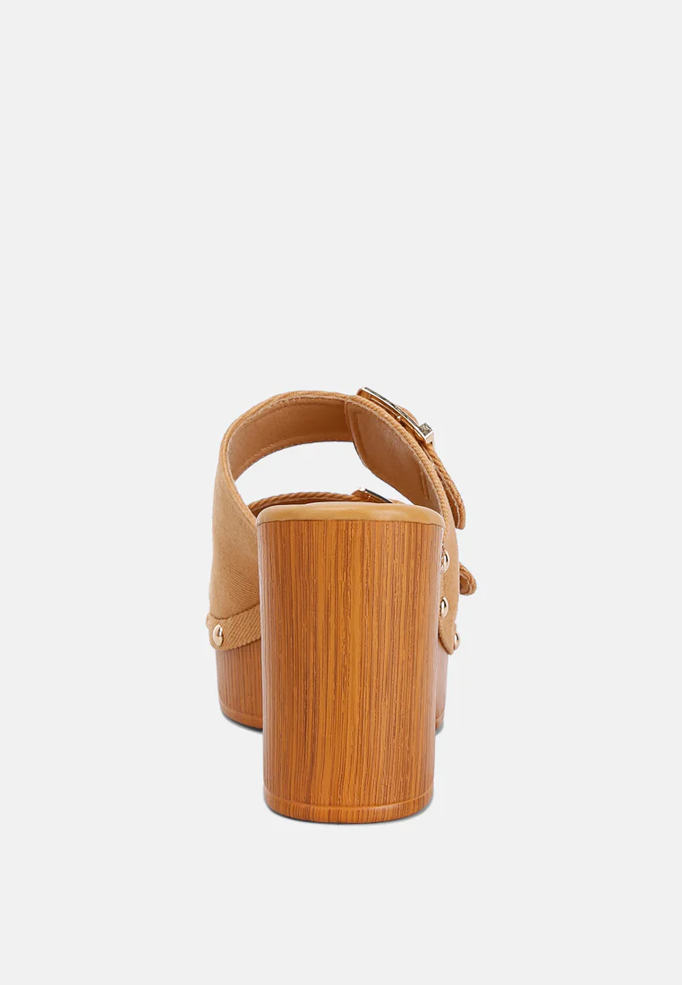 Sarai Buckle Straps High Block Heel Clogs In Tan - Image 5