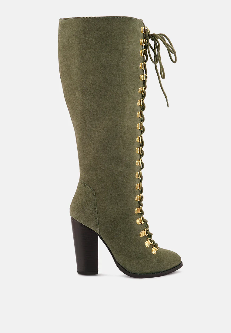 STREET-SLAY Antique Eyelets lace up Knee Boots In Olive - Image 2