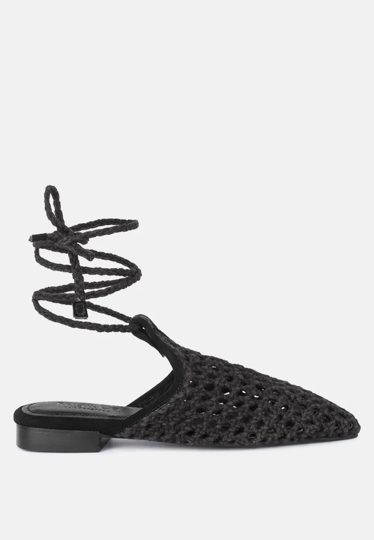 TUTSI Black Handwoven Honeycomb Tie Up Flat Mules - Image 3