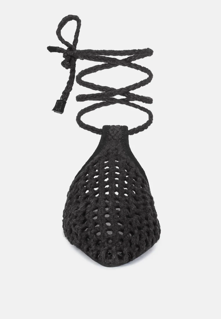 TUTSI Black Handwoven Honeycomb Tie Up Flat Mules - Image 4