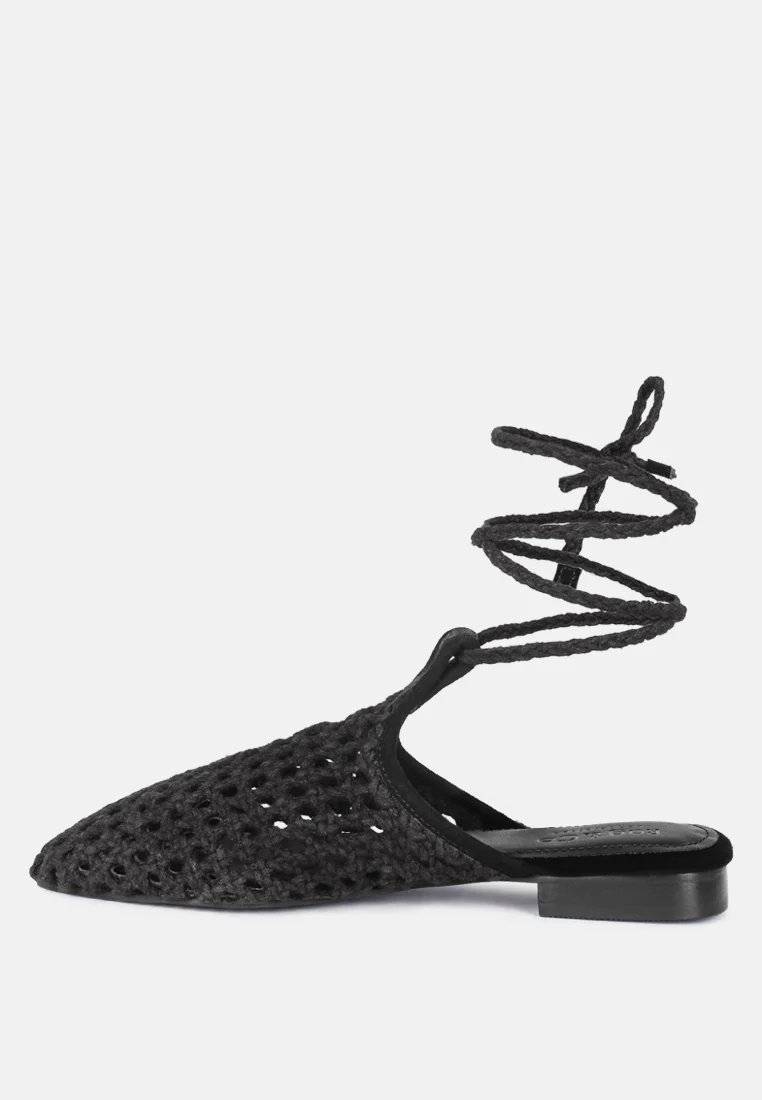 TUTSI Black Handwoven Honeycomb Tie Up Flat Mules - Image 5