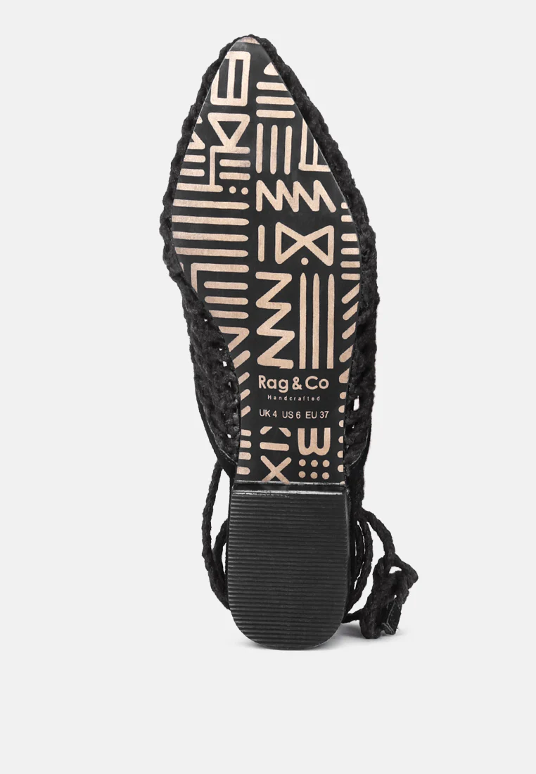 TUTSI Black Handwoven Honeycomb Tie Up Flat Mules - Image 7