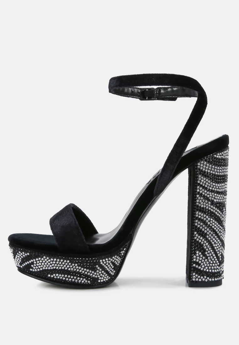 ZIRCON Black Rhinestone Patterned High Heel Sandals - Image 4
